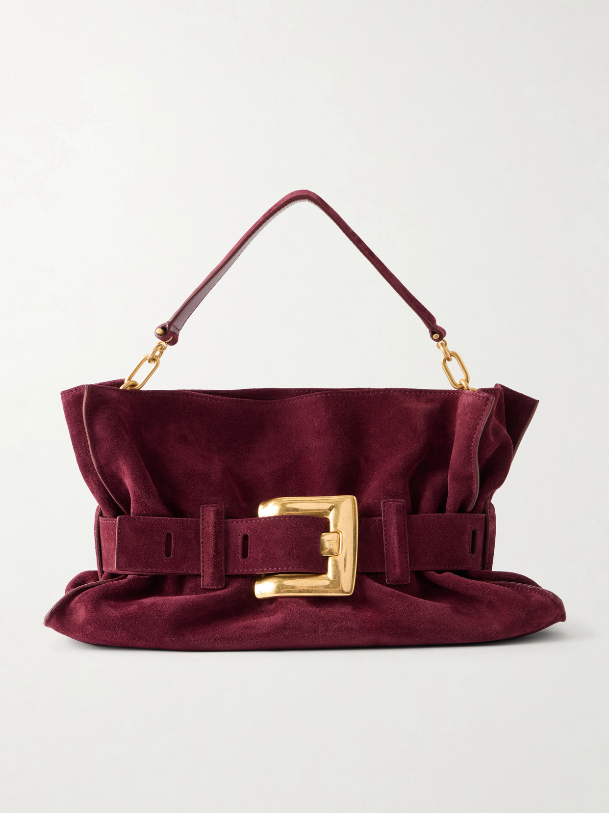Balmain Anthem Buckled Suede Shoulder Bag In Burgundy