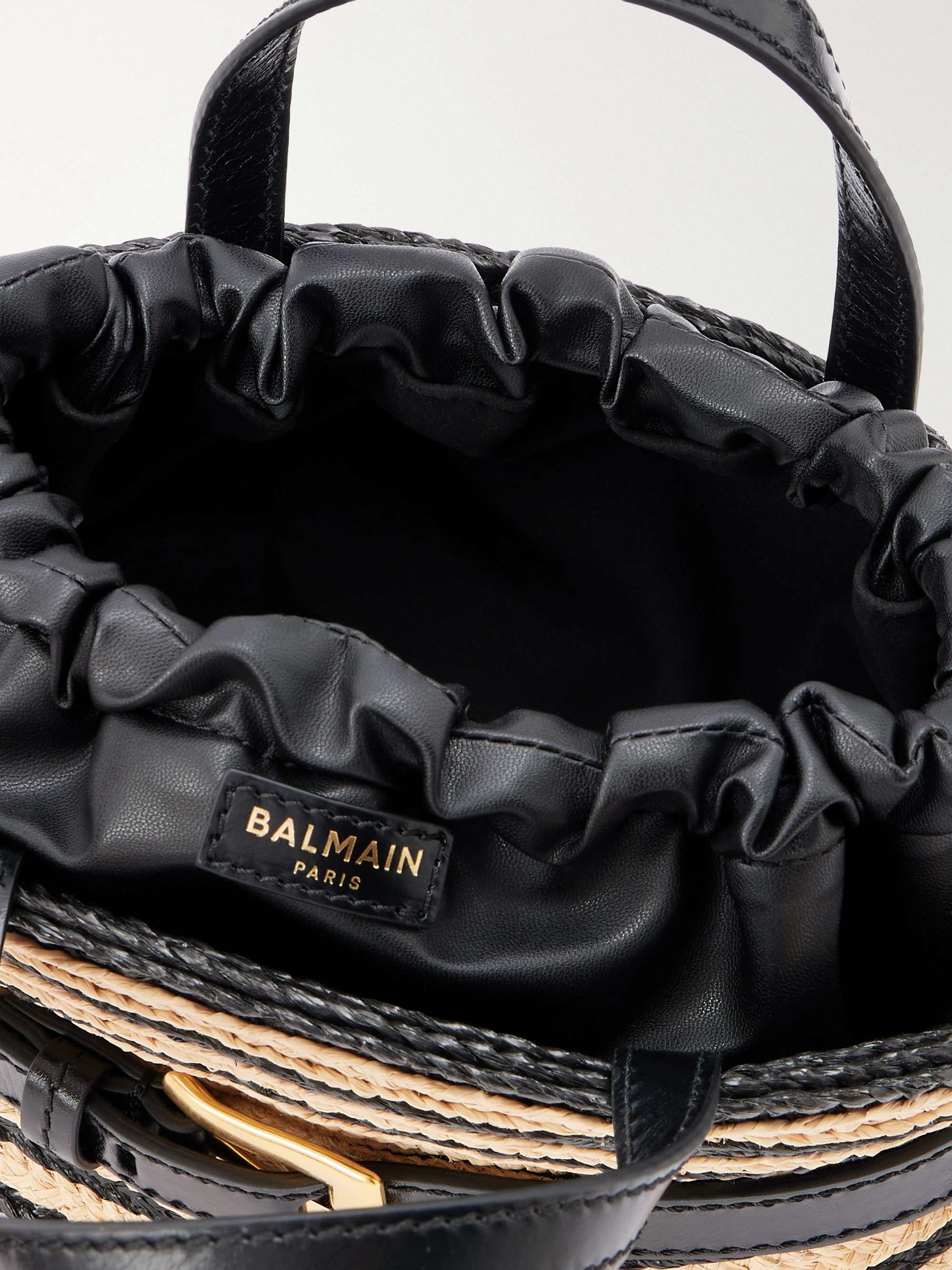 BALMAIN Shuffle mini buckled leather-trimmed raffia shoulder bag