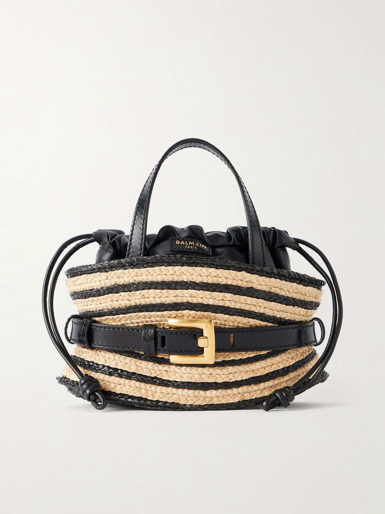 shuffle mini buckled leather trimmed raffia shoulder bag