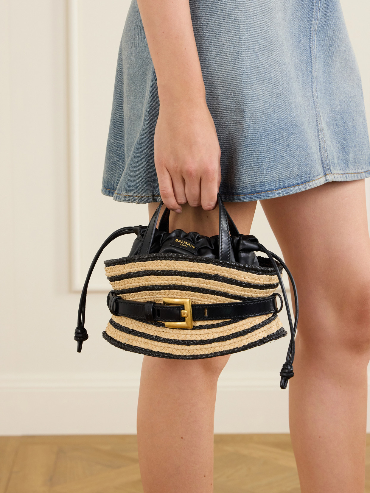 Shuffle Mini Buckled Leather-Trimmed Raffia Shoulder Bag