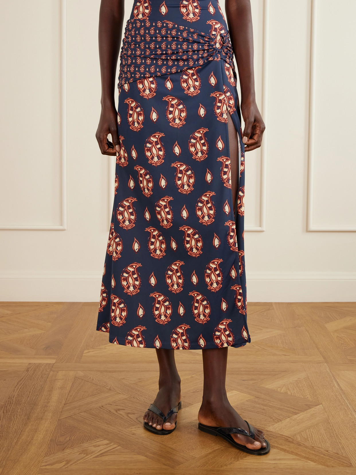 Under The Sun Cutout Ruched Printed Stretch-Jersey Skirt