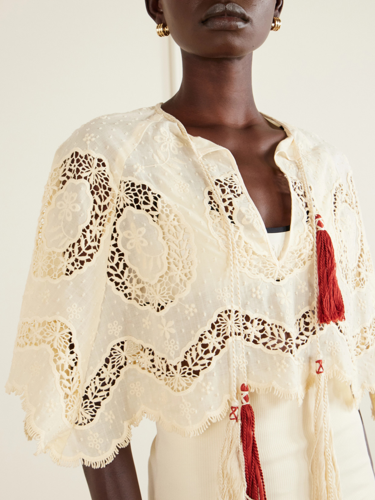 Sun Tides Tasseled Broderie Anglaise Cotton-Blend Top