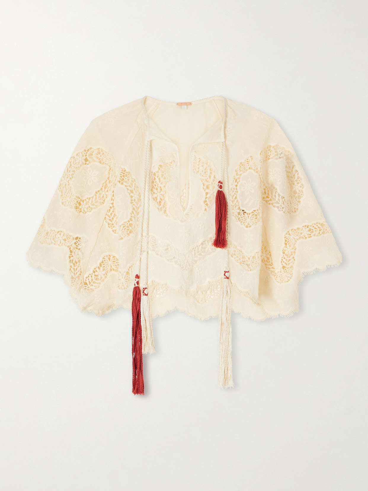 Johanna Ortiz Sun Tides Tasseled Broderie Anglaise Cotton-blend Top In Neutral