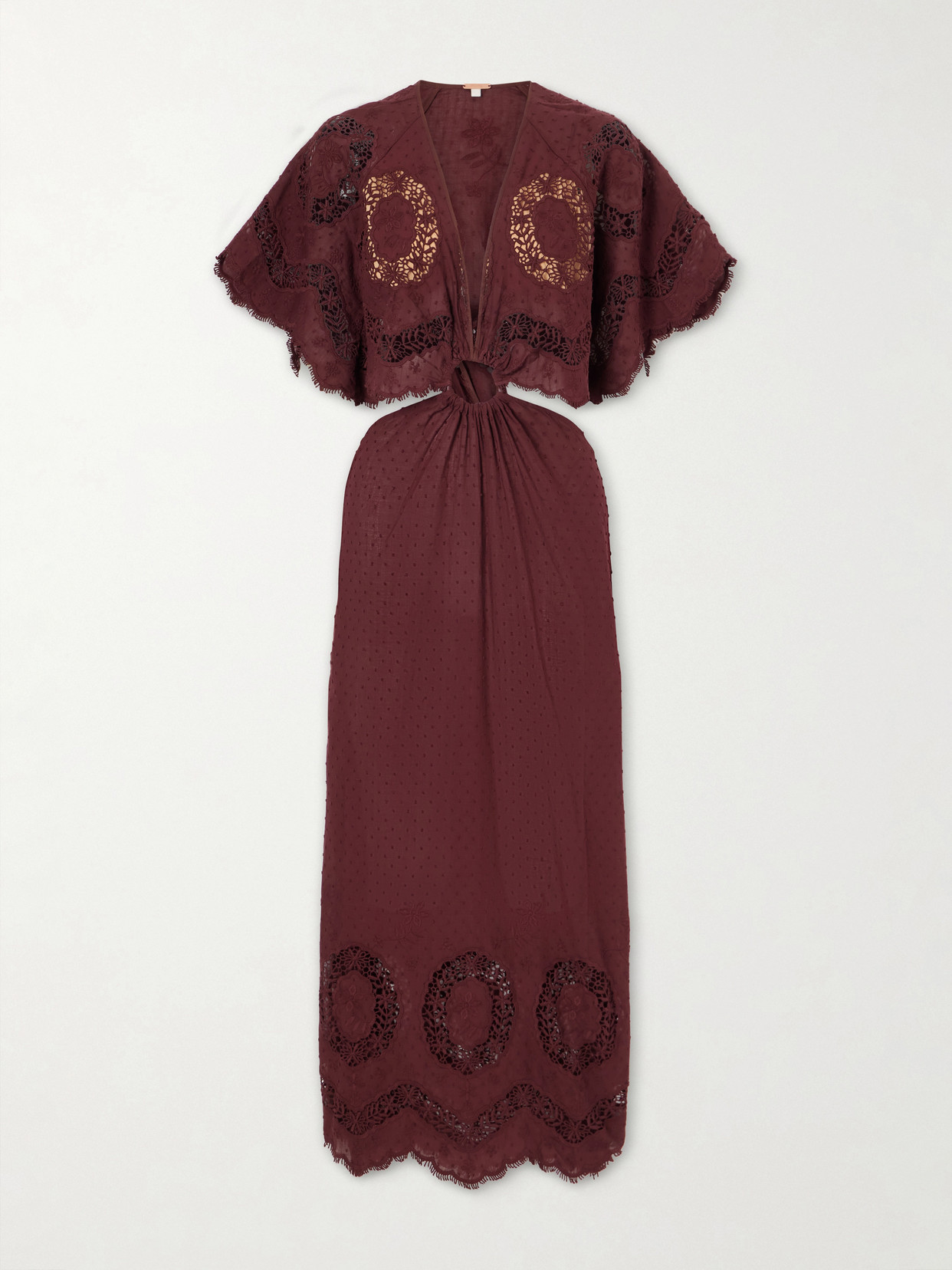 Johanna Ortiz Paradise Crocheted-trimmed Cotton-blend Maxi Dress In Burgundy