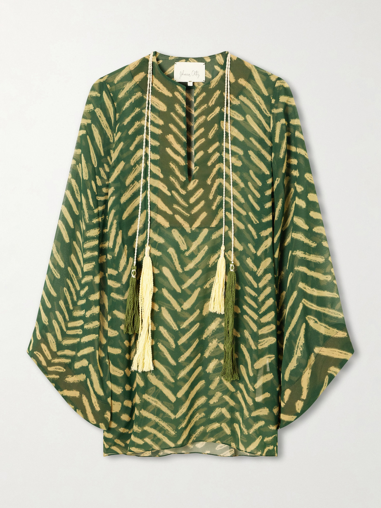 Johanna Ortiz Refugio De Sol Tasseled Printed Recycled Georgette Coverup In Green