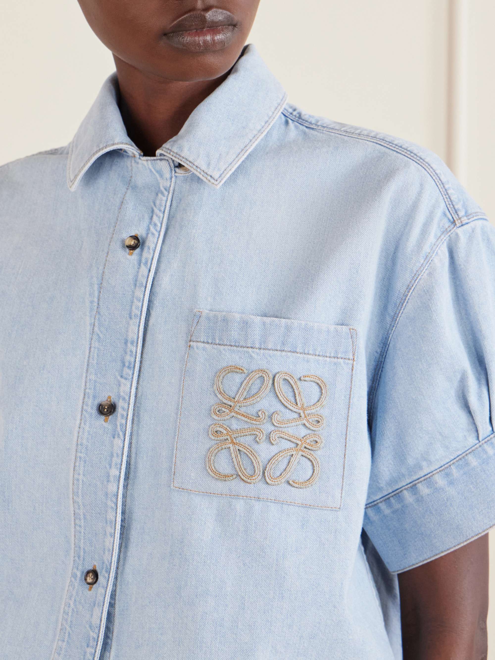 LOEWE + Paula's Ibiza Anagram embroidered cropped denim shirt