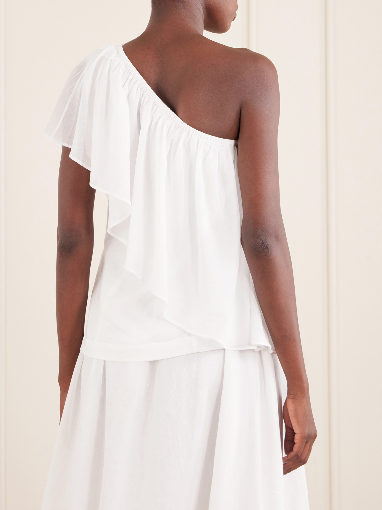 Wedge Ruffled One-Shoulder Cotton-Voile Blouse