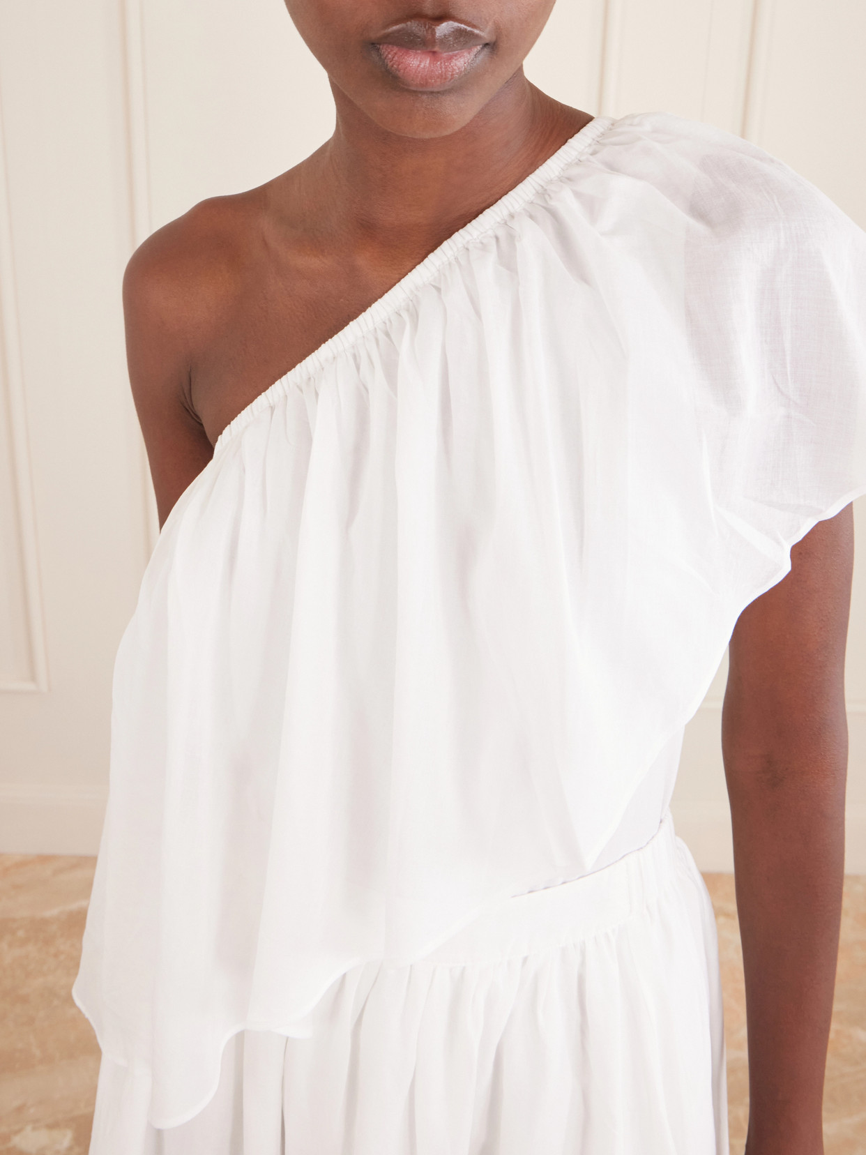 Wedge Ruffled One-Shoulder Cotton-Voile Blouse
