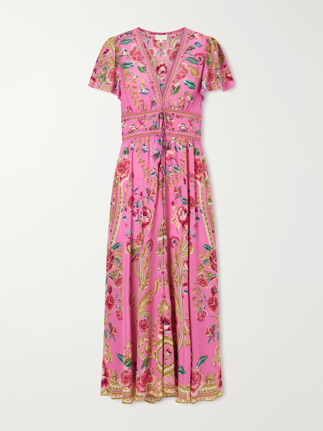 Camilla Embroidered Printed Silk Maxi Dress In Pink