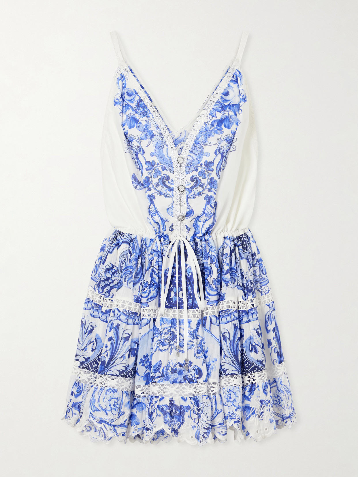 Camilla Printed Embroidered Cotton And Silk-blend Mini Dress In Blue