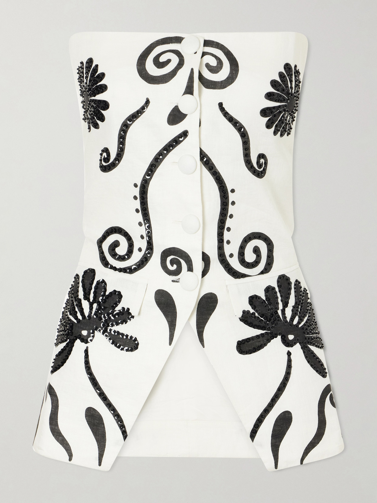 Cala De La Cruz Milos Strapless Sequin-embellished Floral-print Linen Top In Neutral