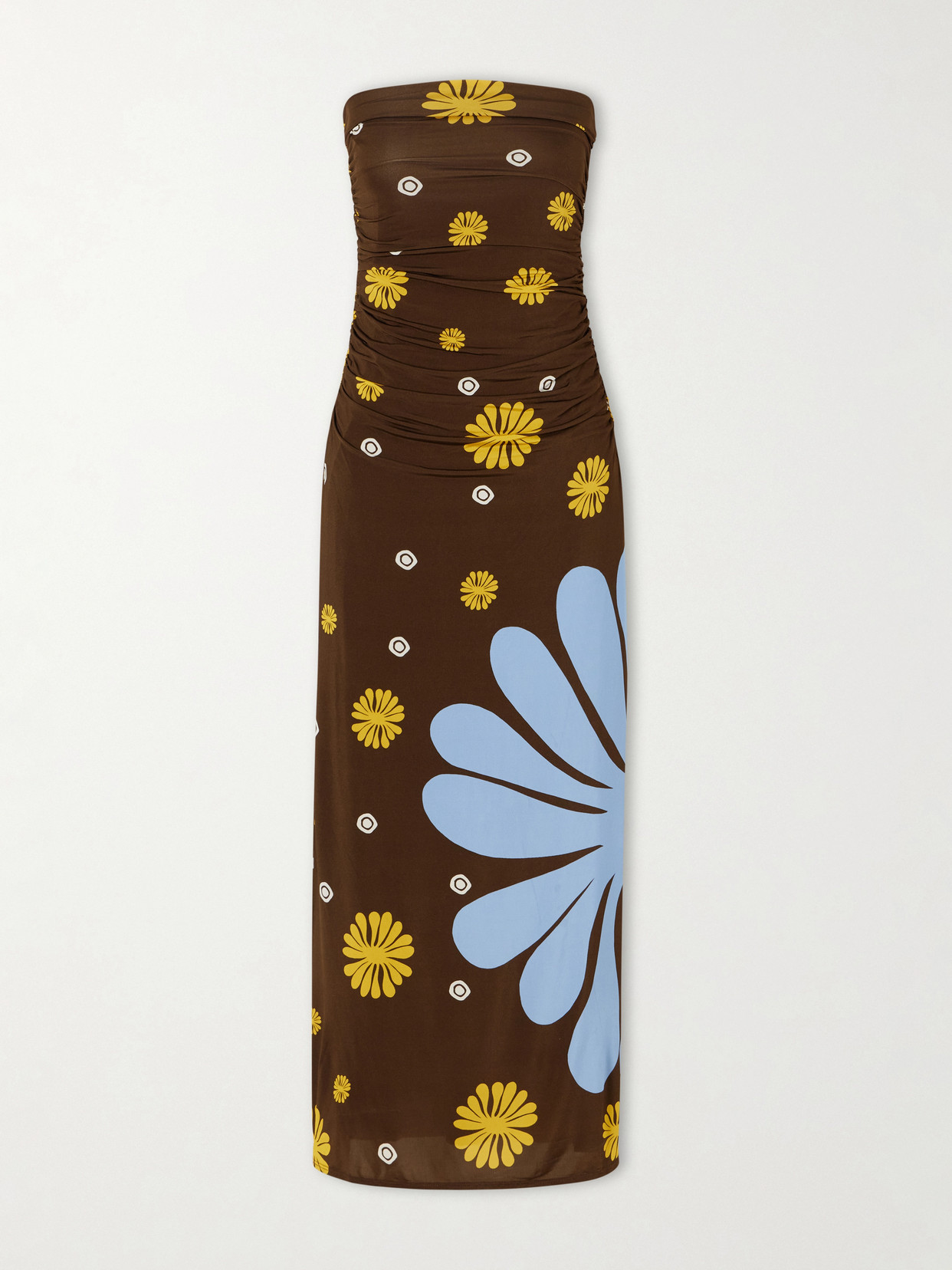 Cala De La Cruz Daphne Ruched Printed Jersey Midi Dress In Brown