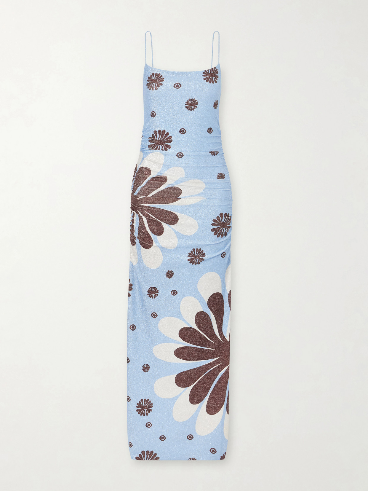 Cala De La Cruz Kim Ruched Printed Metallic Jersey Maxi Dress In Blue