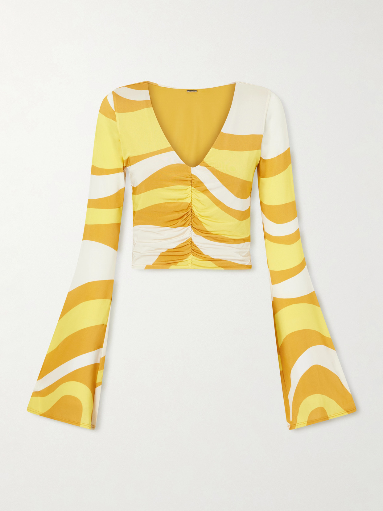 Cala De La Cruz Aelin Ruched Printed Jersey Top In Yellow