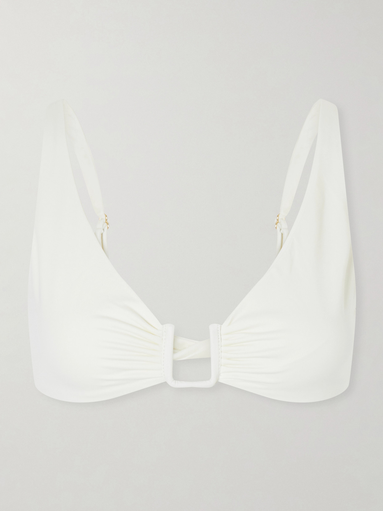 Away That Day Palma Embellished Gathered Bikini Top In Neutral