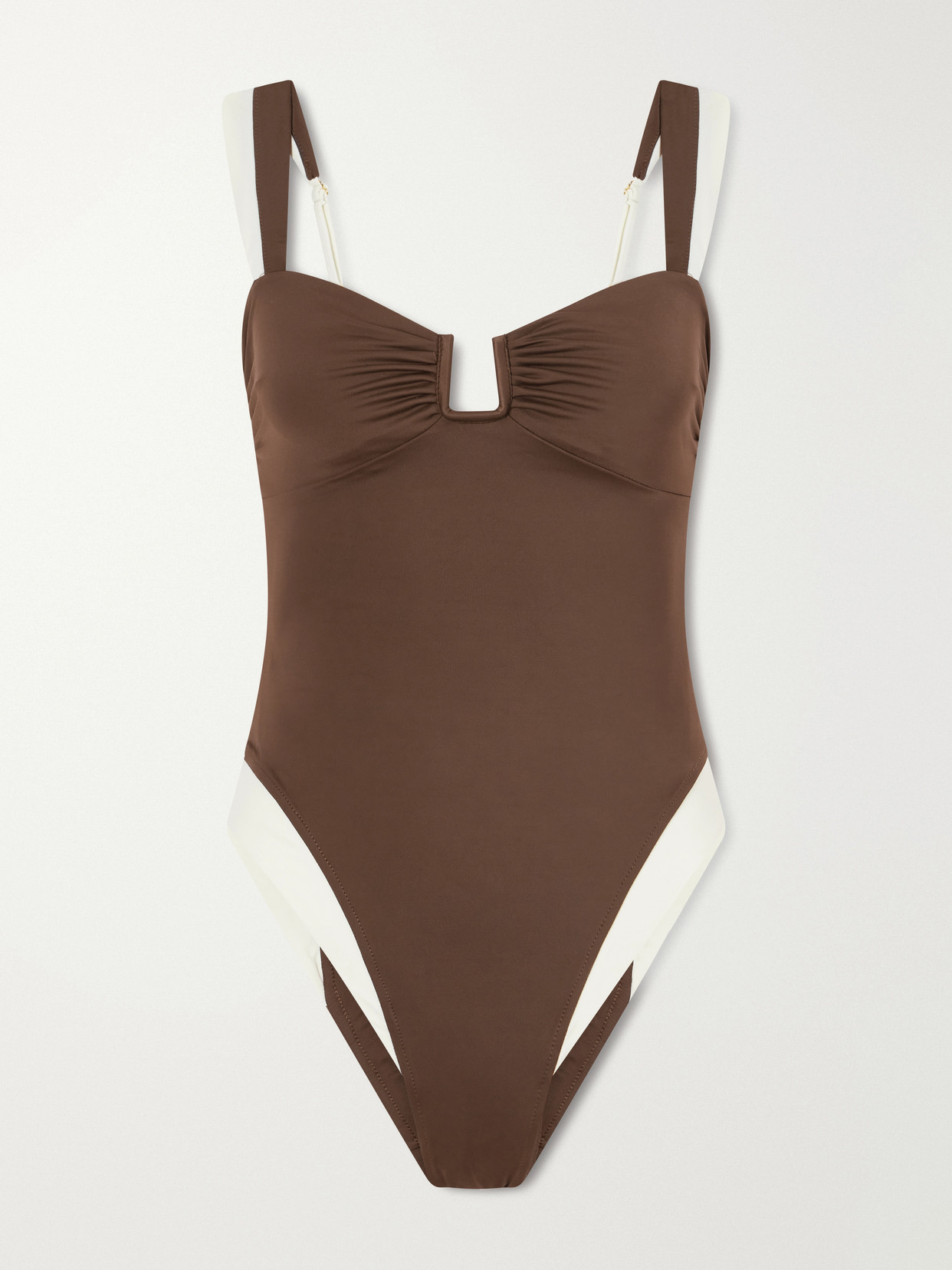 Away That Day Cannes Two-tone Gathered Recycled Stretch Swimsuit In Brown