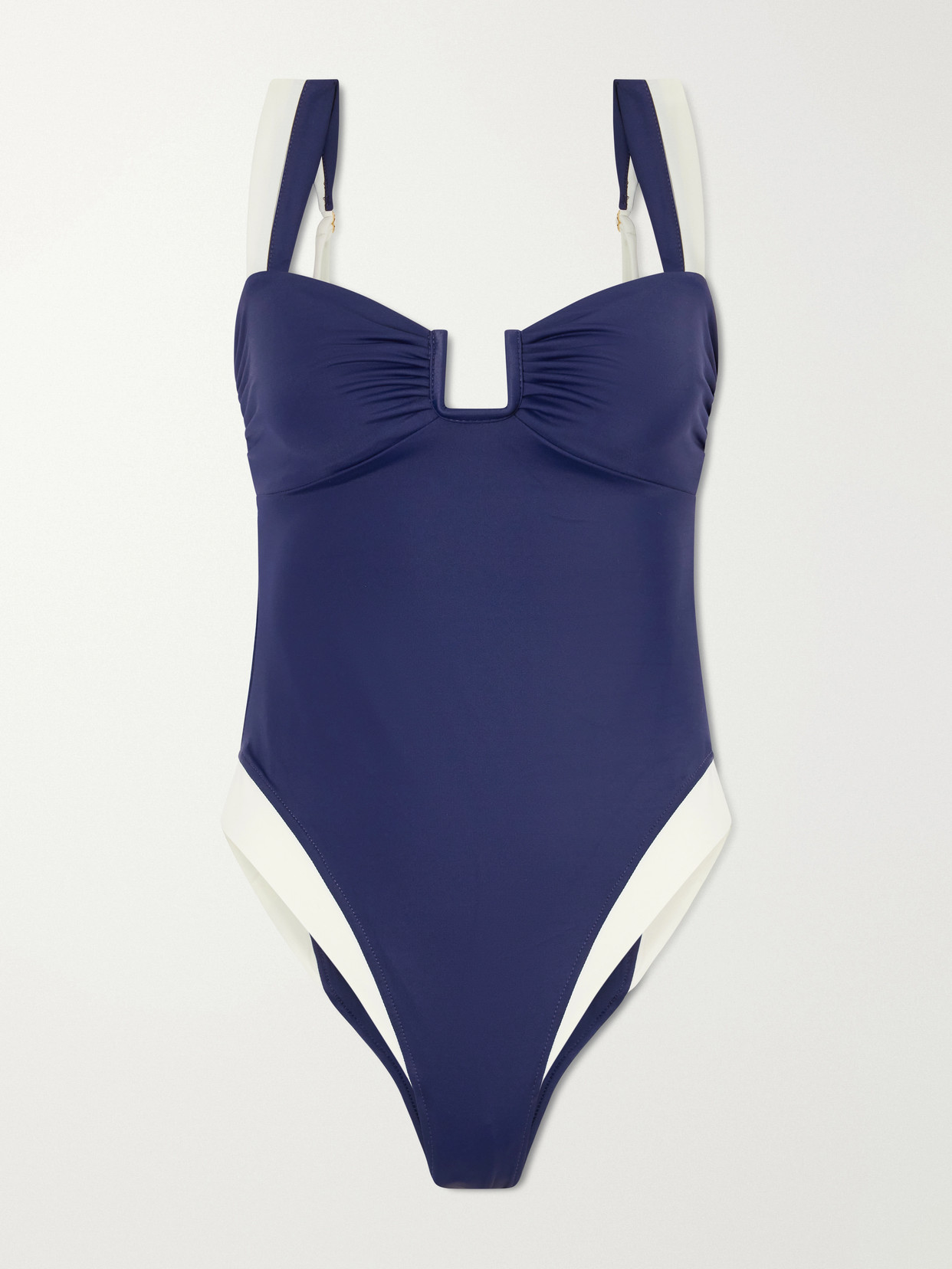 Away That Day Cannes Two-tone Gathered Recycled Stretch Swimsuit In Blue
