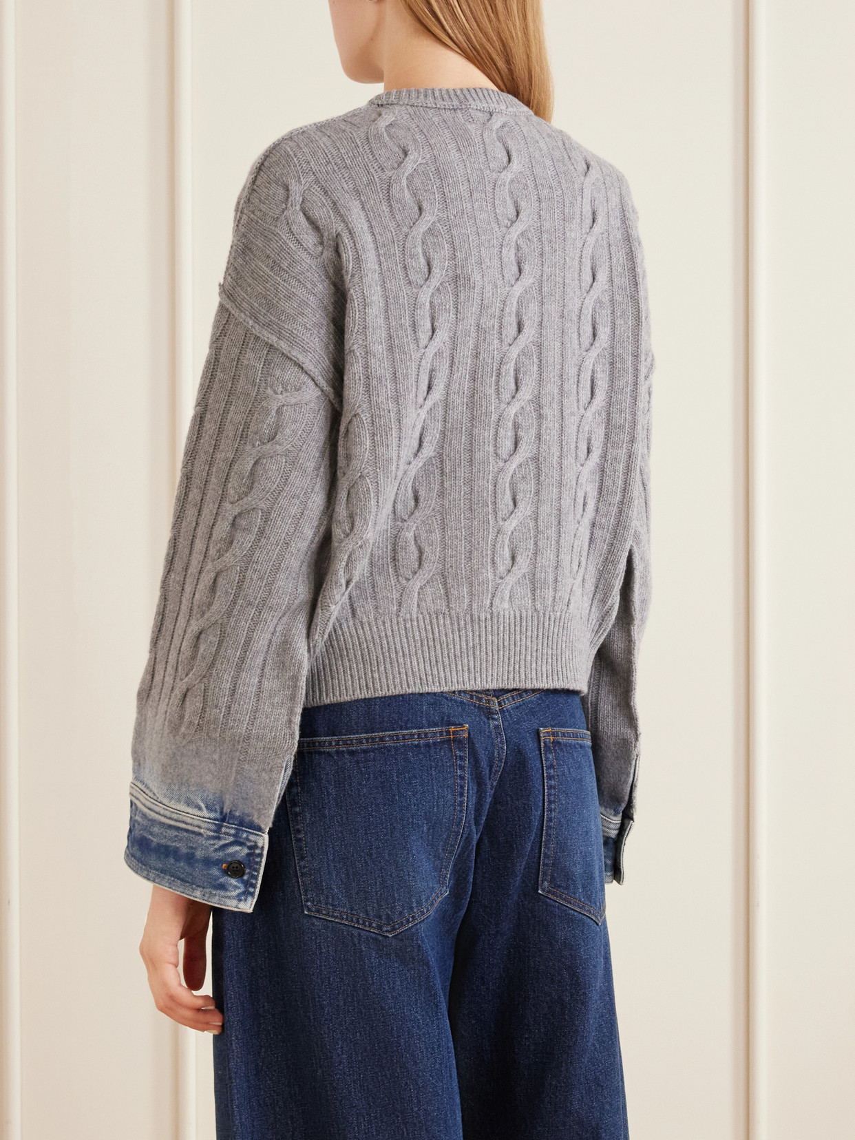Karine Denim-Trimmed Cable-Knit Cotton Sweater