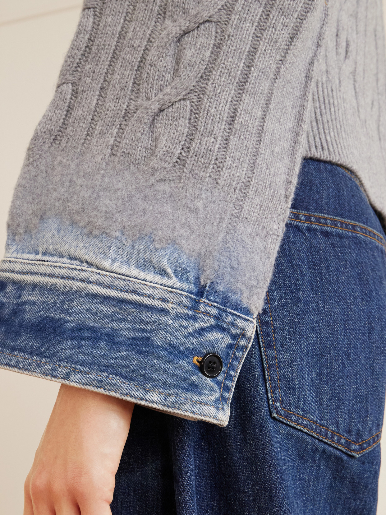 Karine Denim-Trimmed Cable-Knit Cotton Sweater