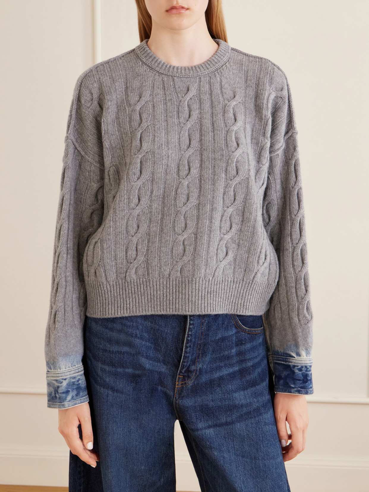 Karine Denim-Trimmed Cable-Knit Cotton Sweater