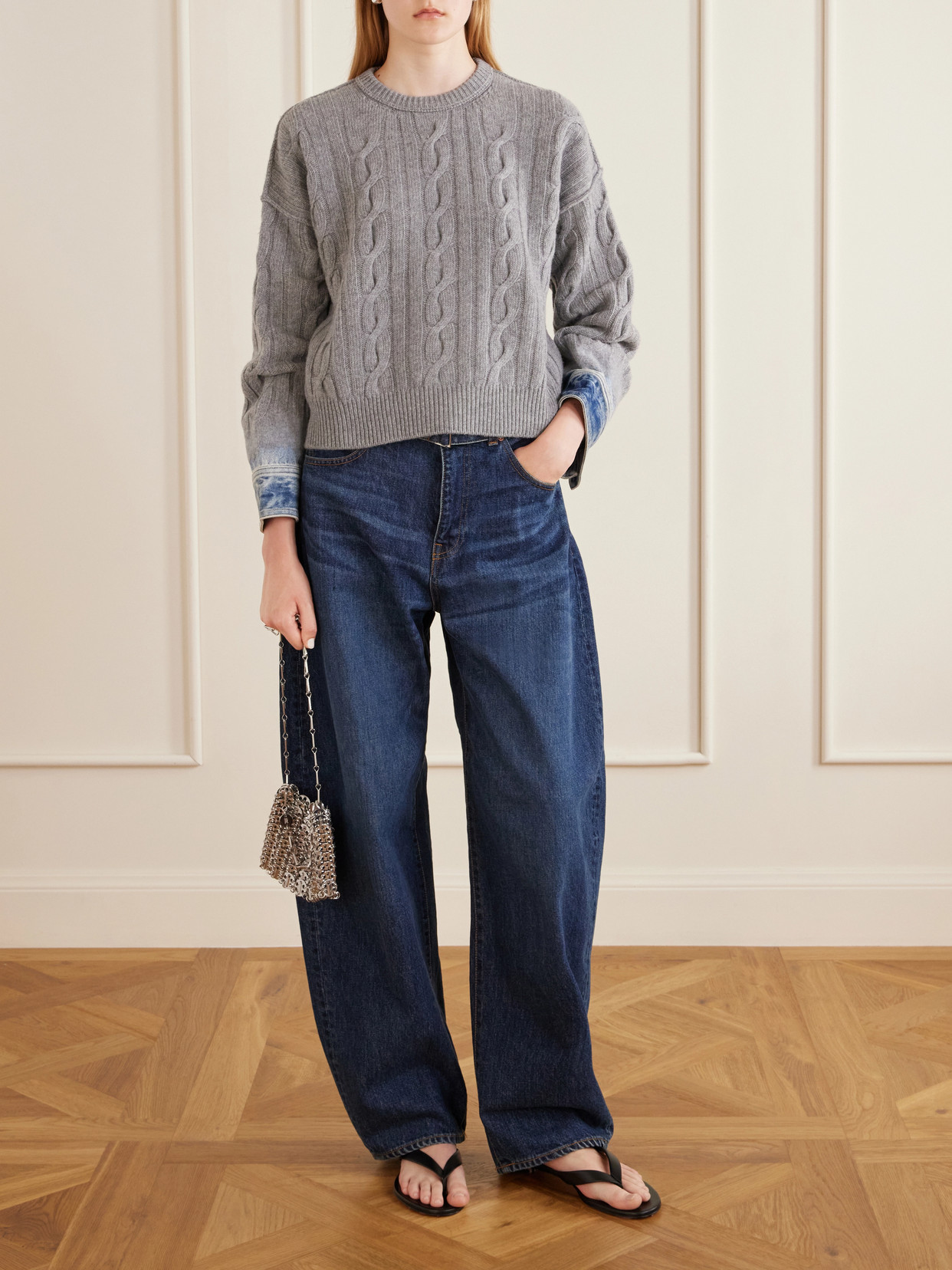 Karine Denim-Trimmed Cable-Knit Cotton Sweater