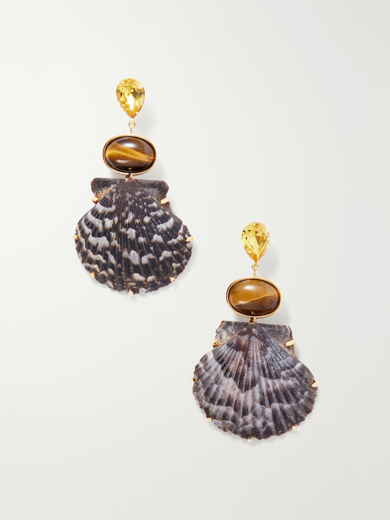 Jennifer Behr Augustine Gold-tone Crystal And Tiger Eye-embellished Seashell Earrings In Brown