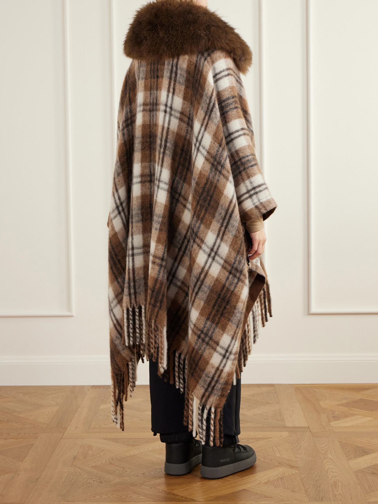 Grenoble - Cape-Effect Plush-Trimmed Checked Wool-Blend Jacket