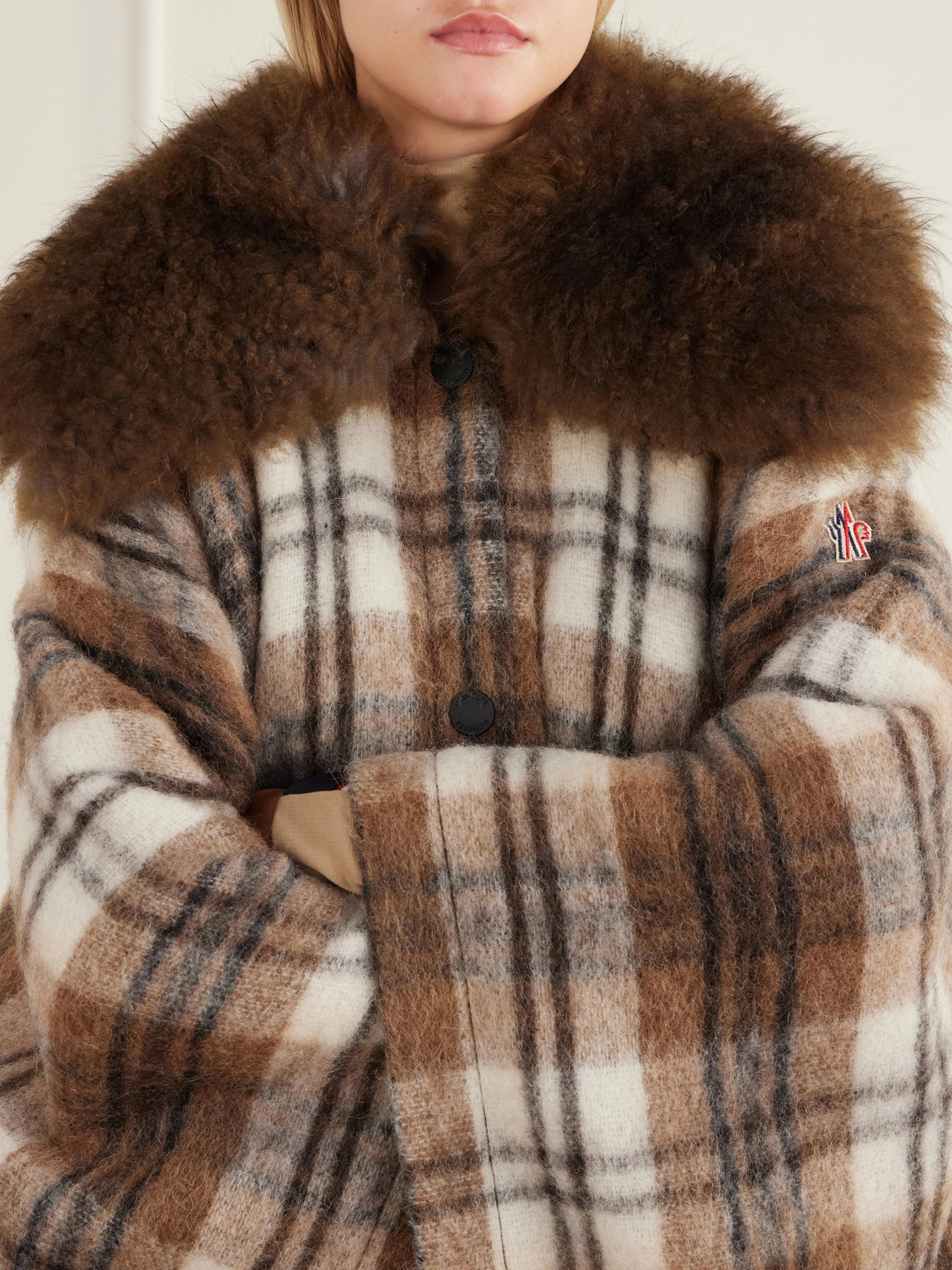 Grenoble - Cape-Effect Plush-Trimmed Checked Wool-Blend Jacket