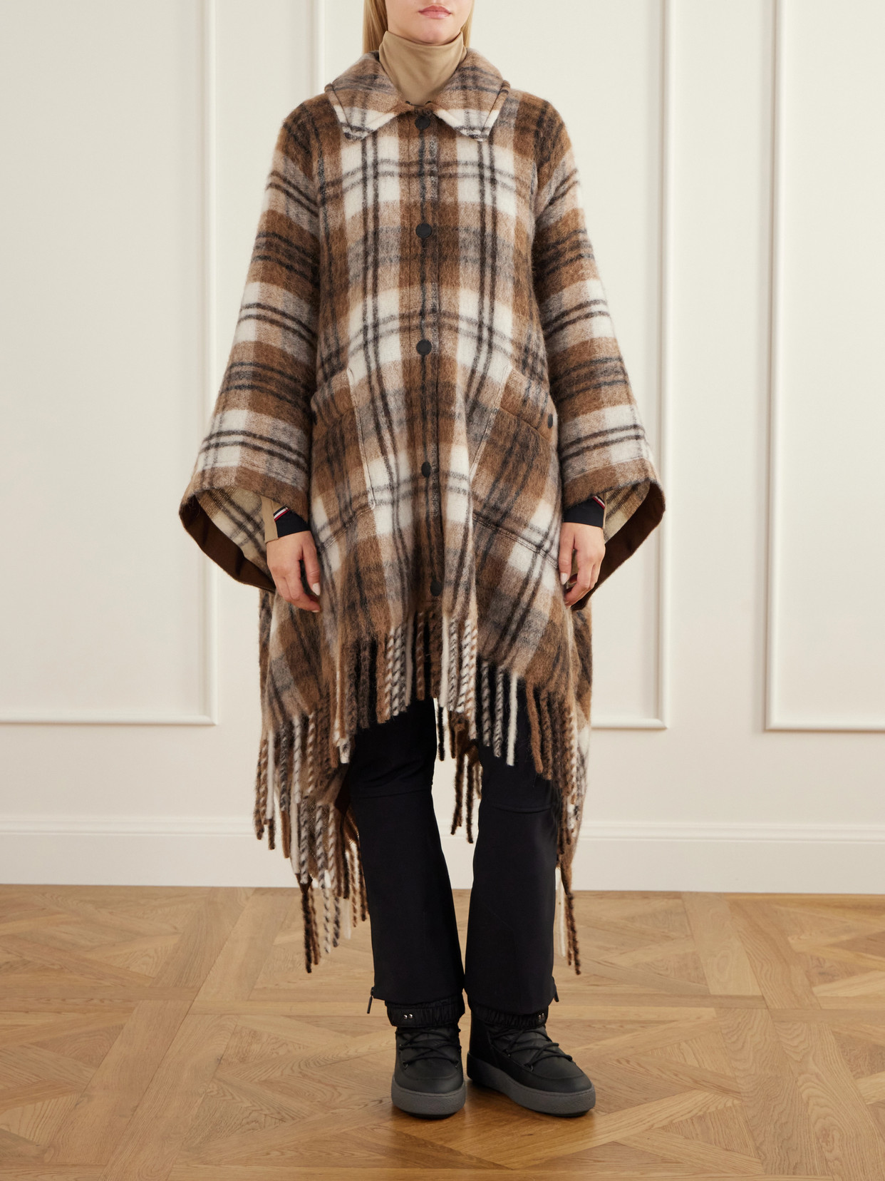 Grenoble - Cape-Effect Plush-Trimmed Checked Wool-Blend Jacket