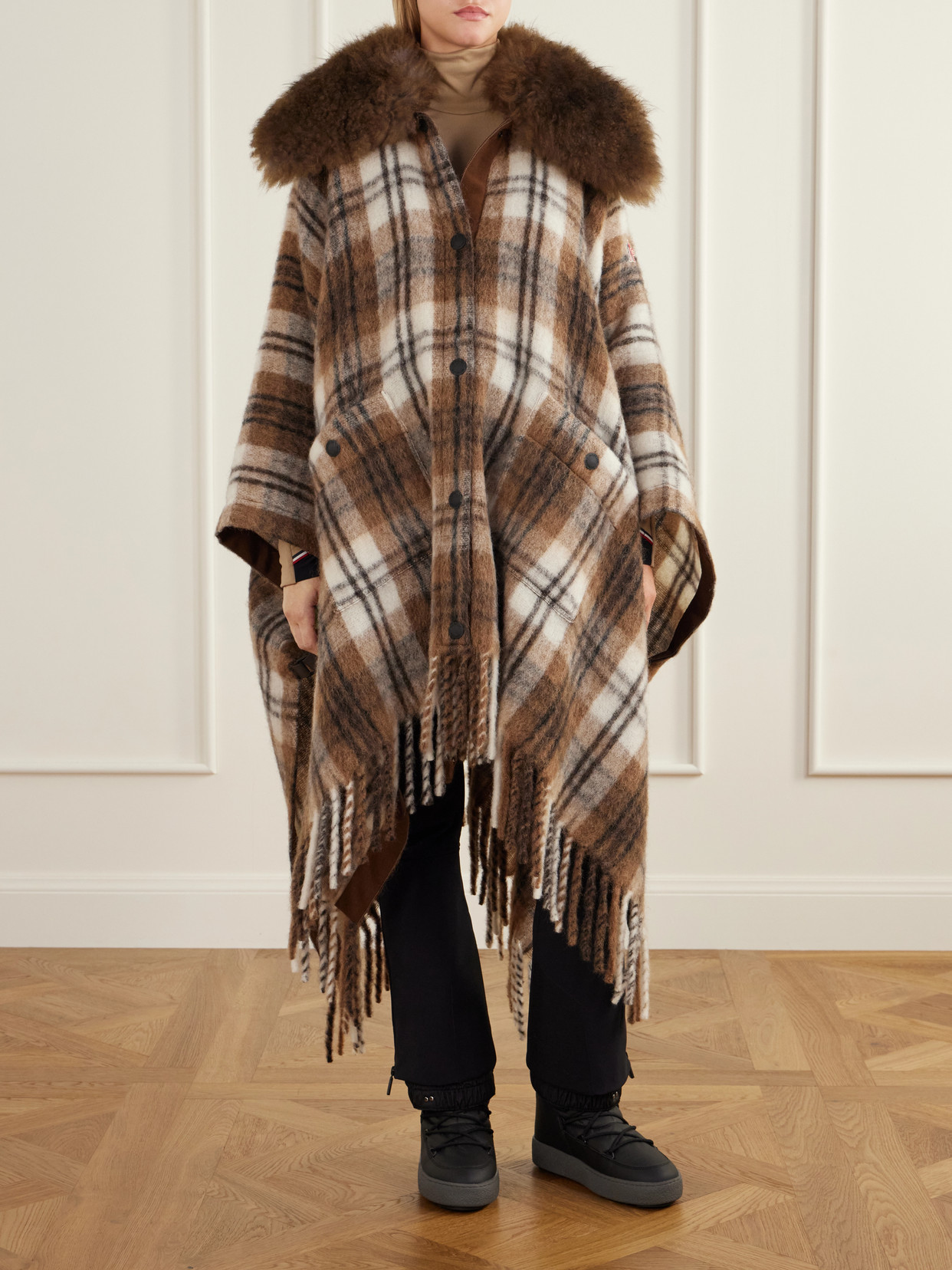 Grenoble - Cape-Effect Plush-Trimmed Checked Wool-Blend Jacket