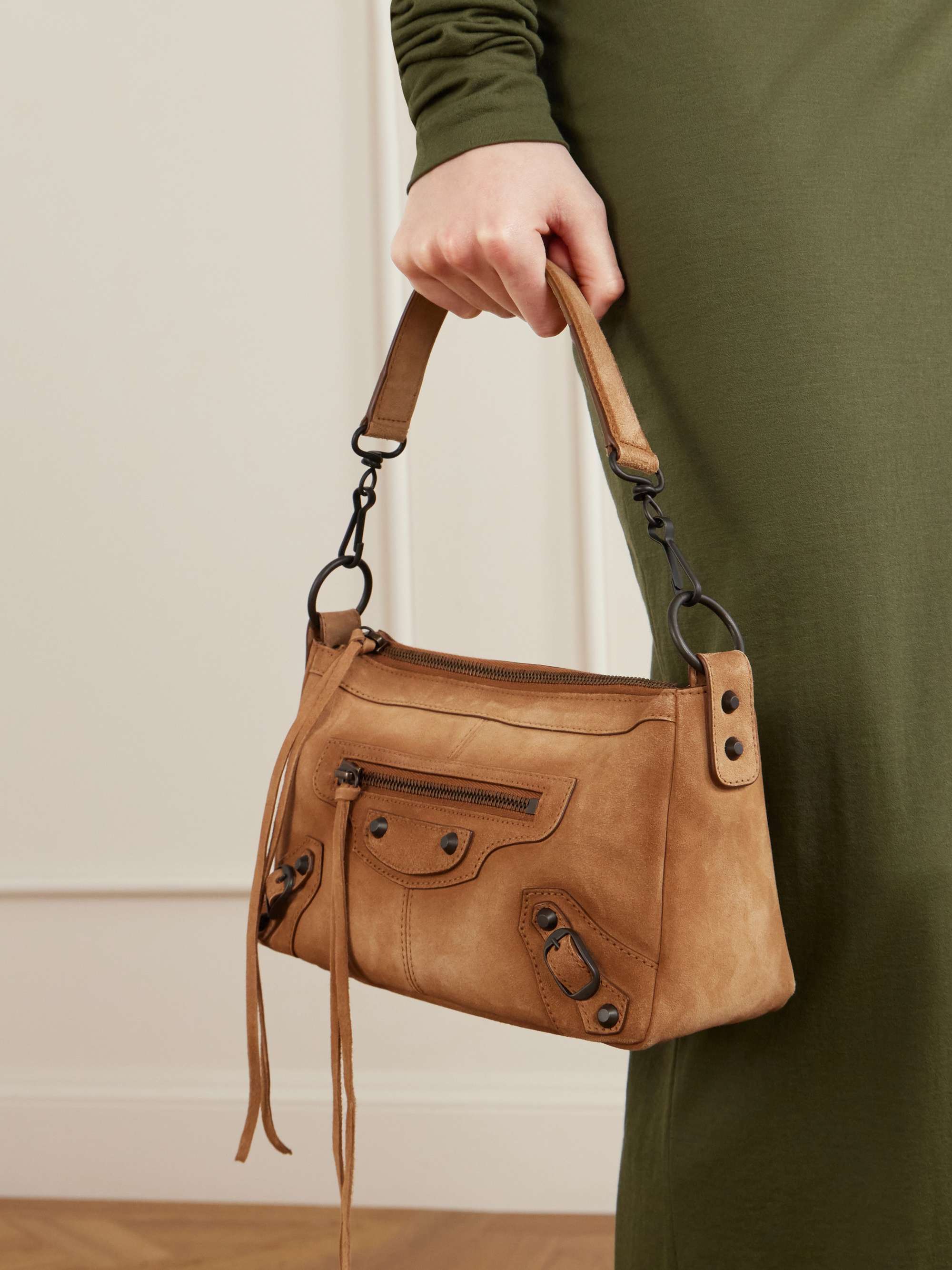 BALENCIAGA Le City Moto mini suede shoulder bag | NET-A-PORTER