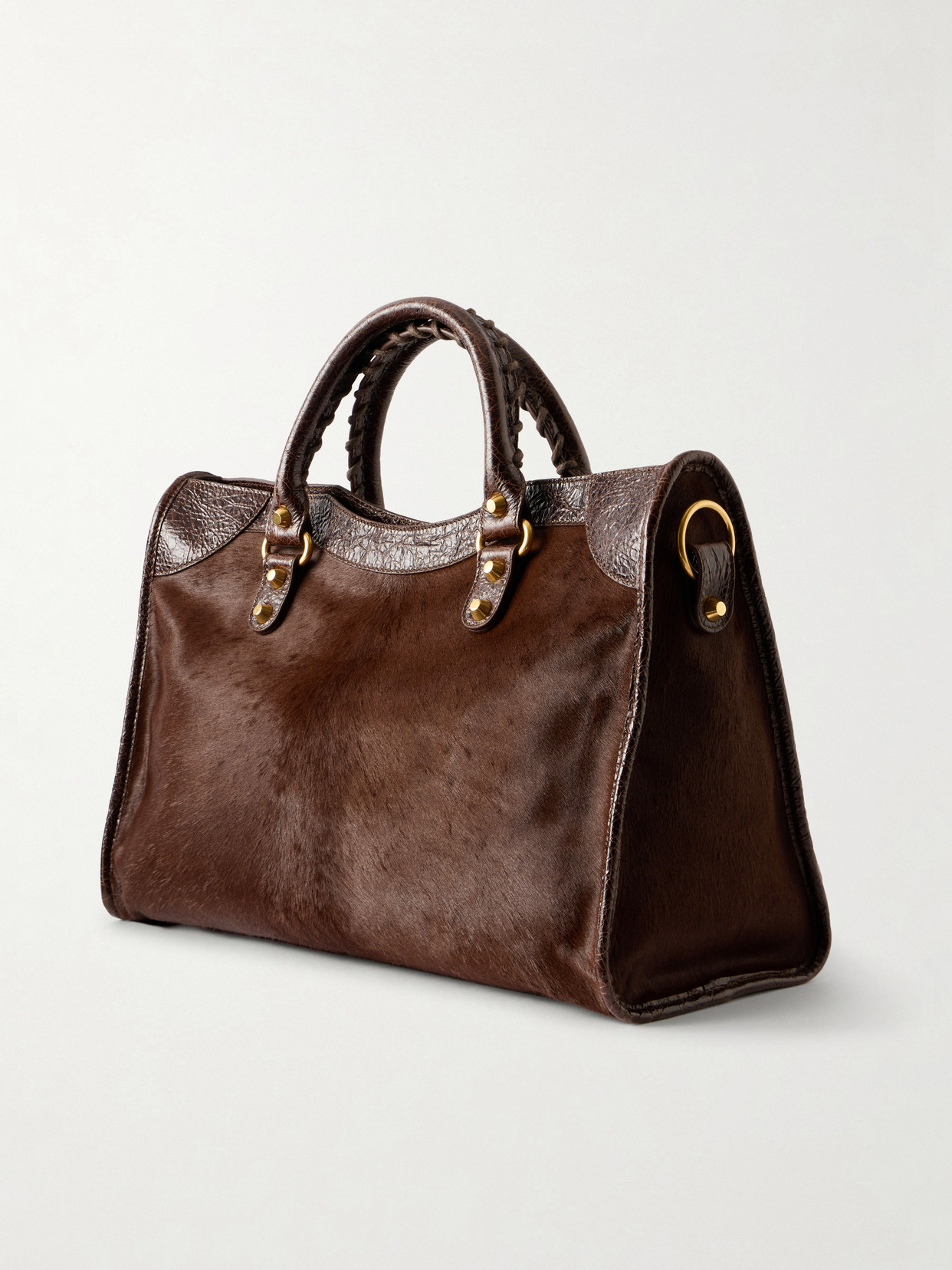 Le City Crinkled Leather-Trimmed Pony Shoulder Bag