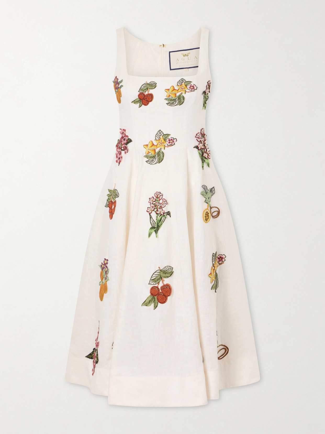 Agua By Agua Bendita Frontera Embellished Floral-appliqué Linen Midi Dress In White