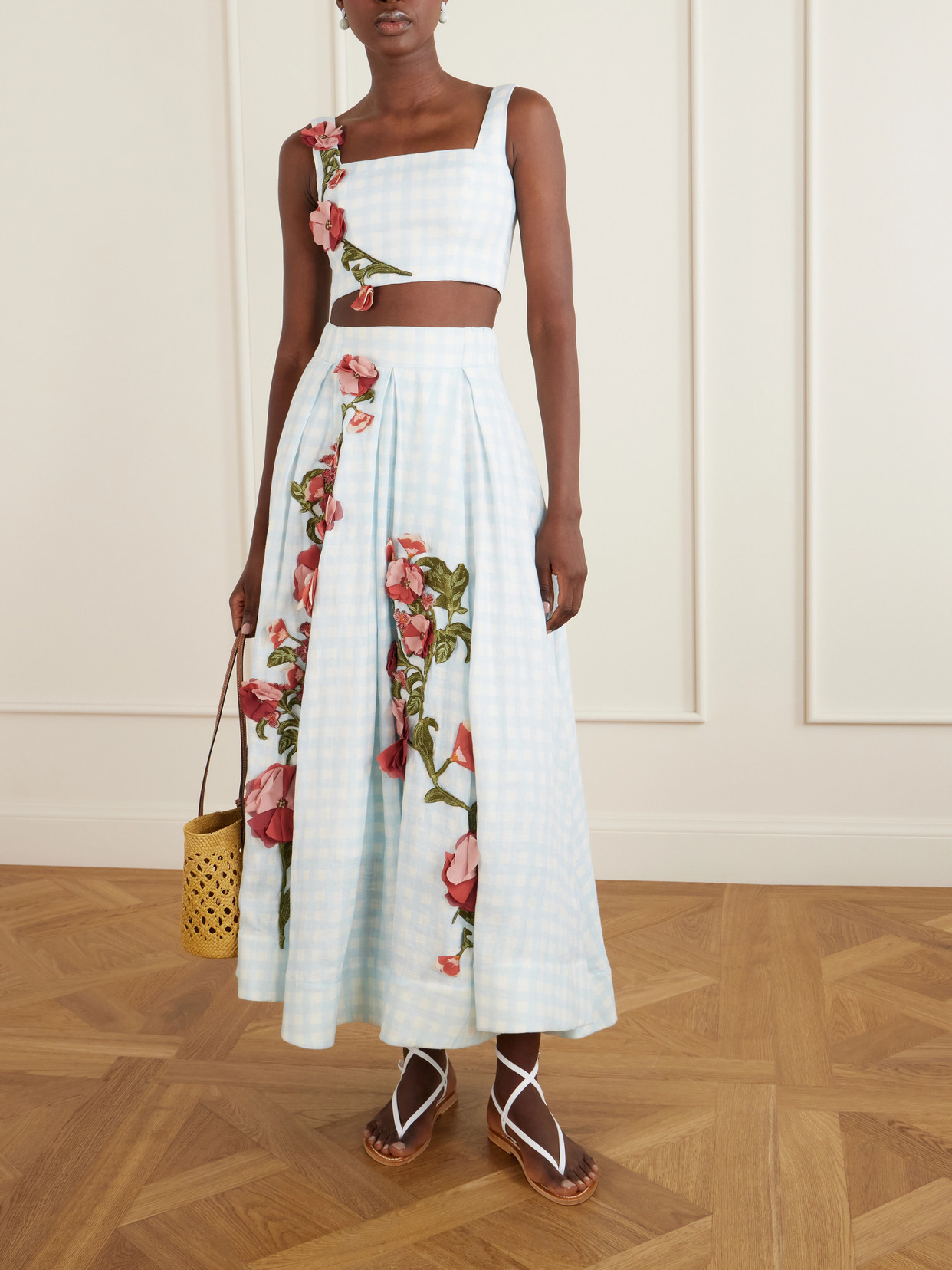 Delta Floral-Appliqué Checked Maxi