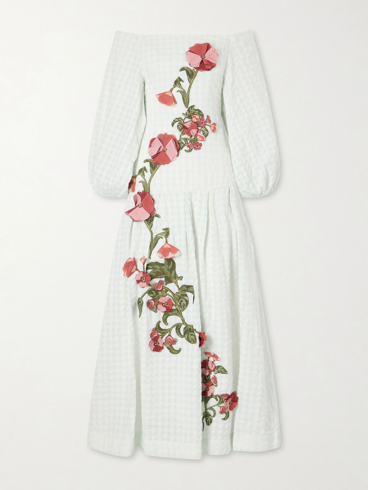 Senlis off-the-shoulder floral-appliqué checked linen maxi dress