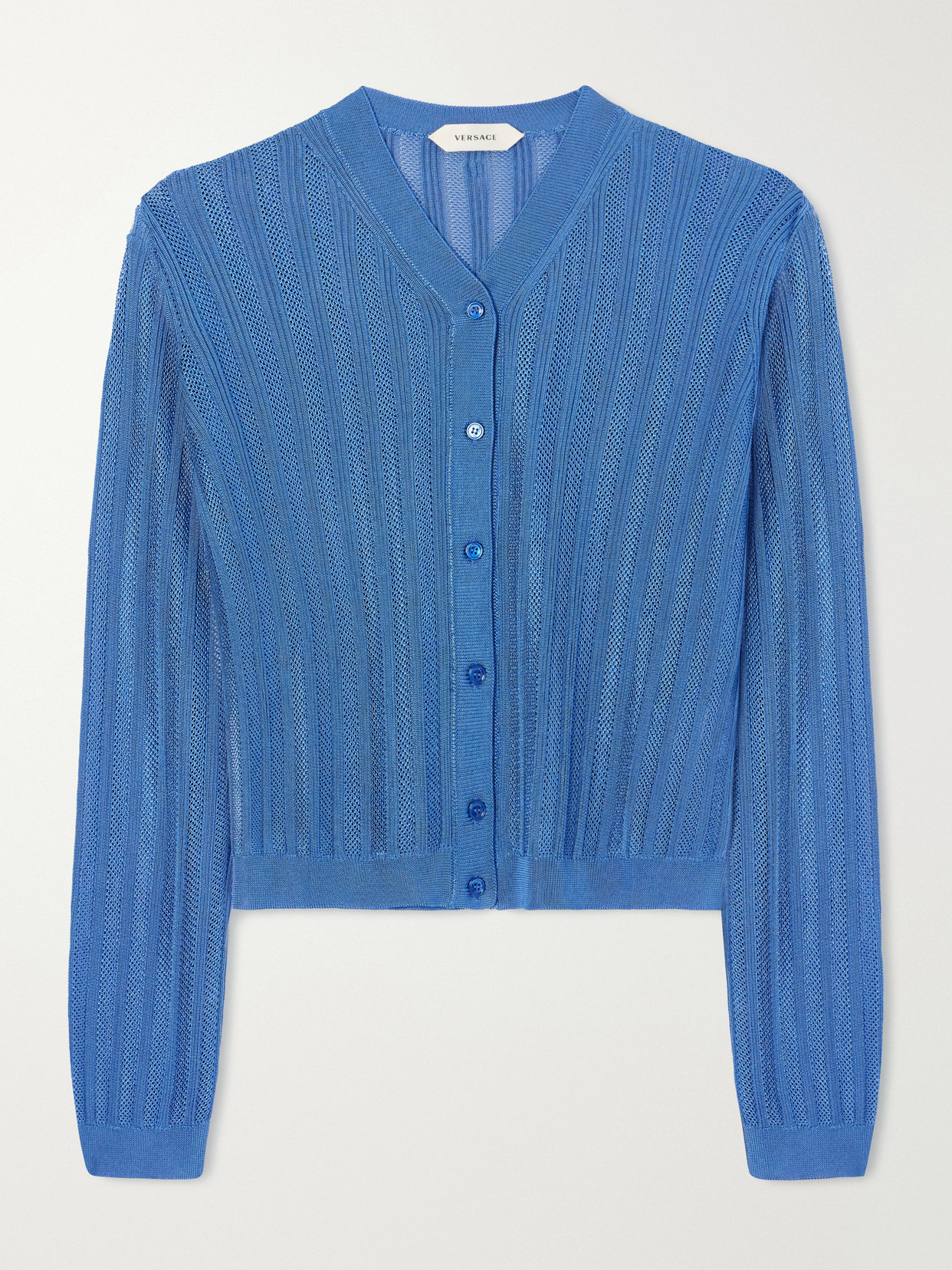 Versace - Medusa-embellished Ribbed Crochet-knit Cardigan - Blue