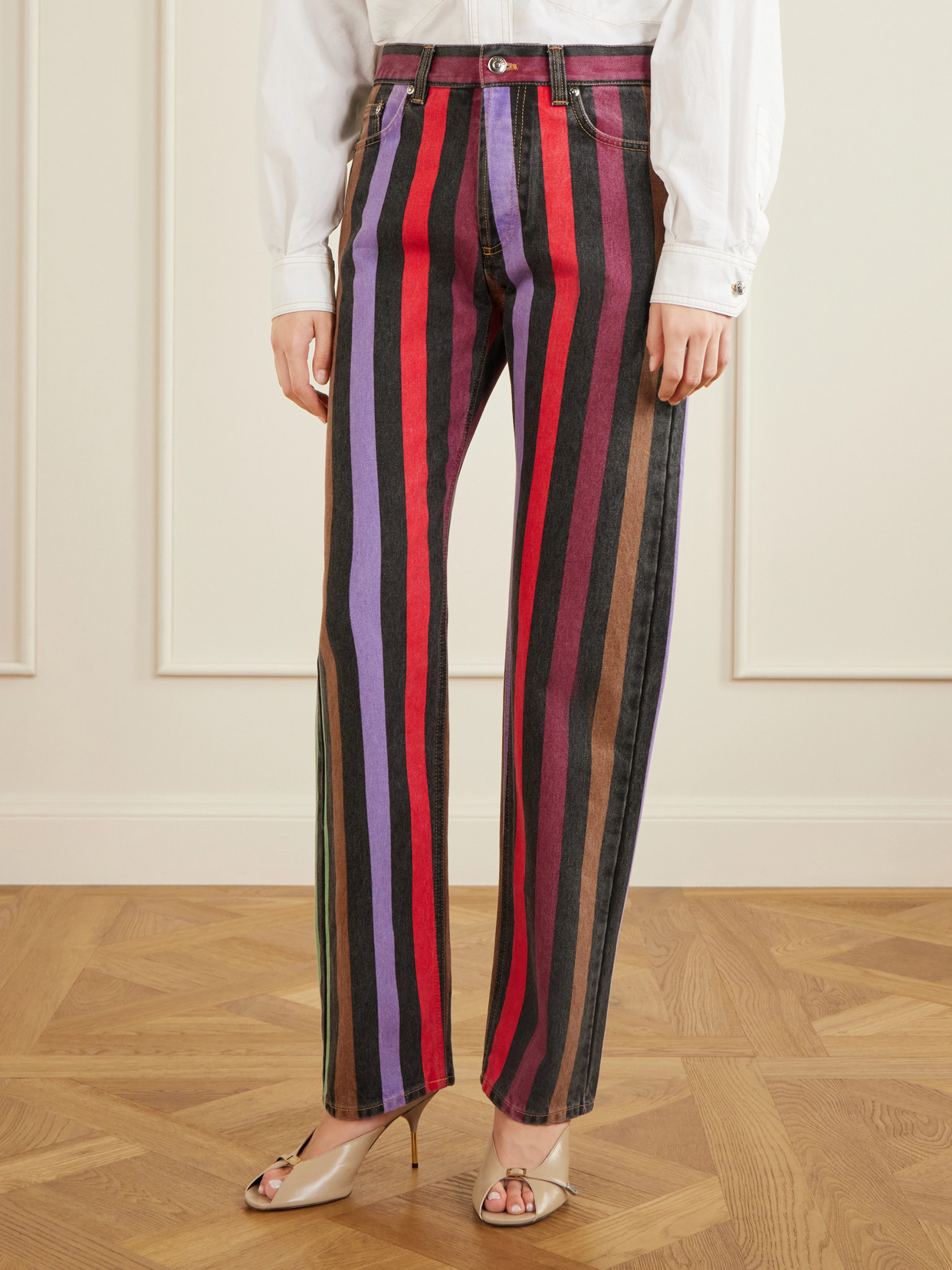 Striped Mid-Rise Straight-Leg Cotton Jeans