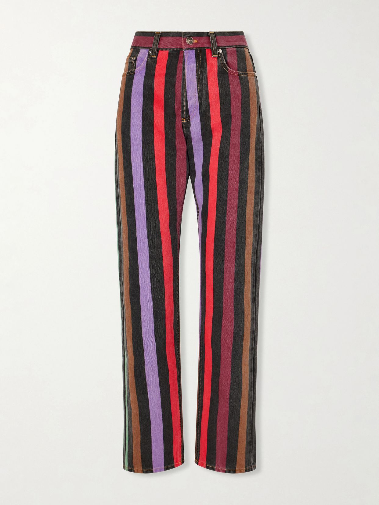 striped mid rise straight leg cotton jeans