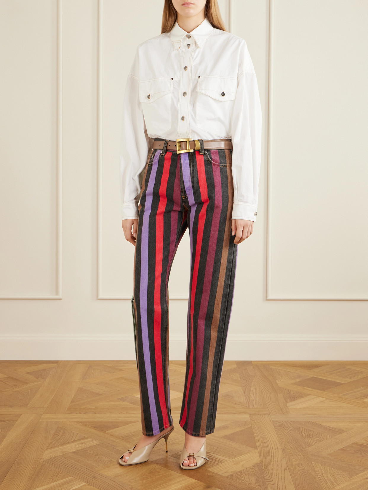 Striped Mid-Rise Straight-Leg Cotton Jeans