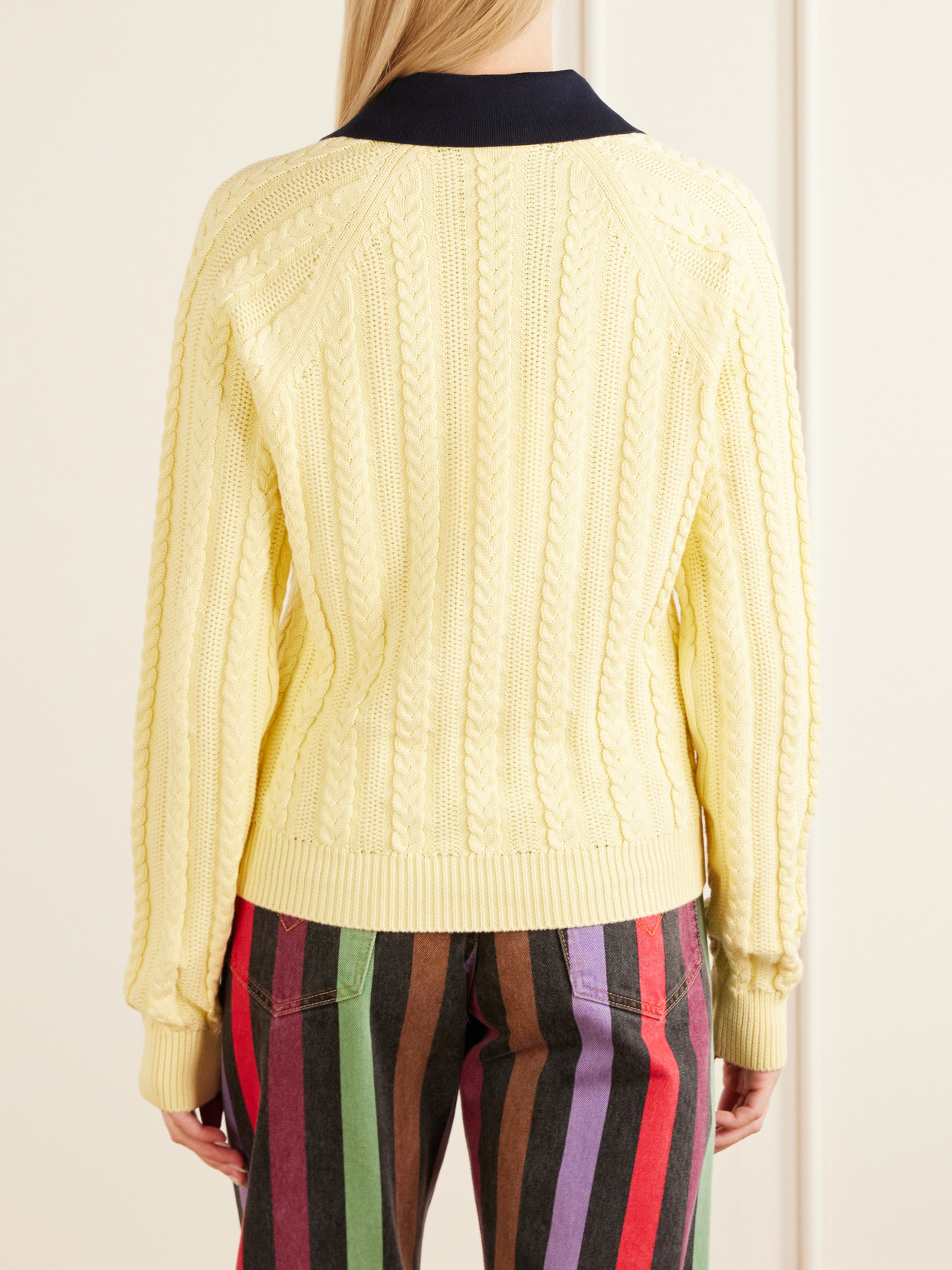 Versace Cable-knit Contrasting-collar Sweater In Yellow