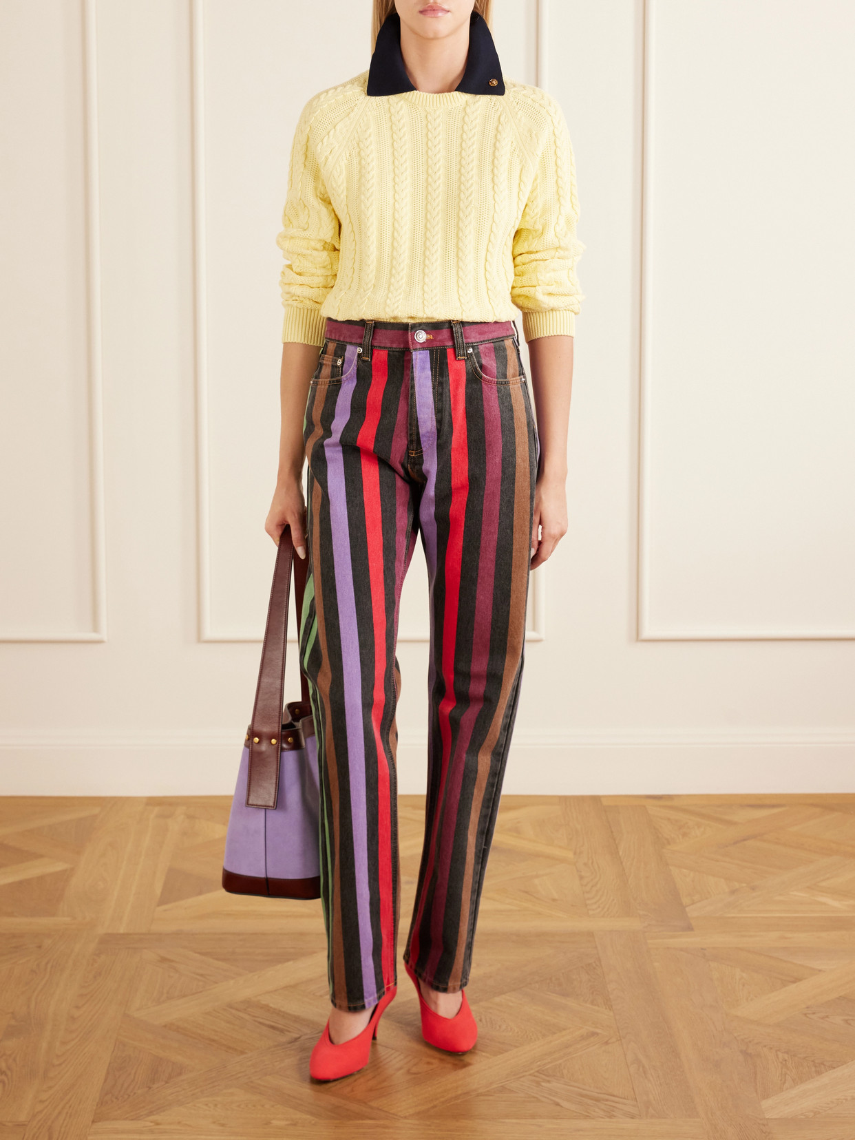Versace Cable-knit Contrasting-collar Sweater In Yellow