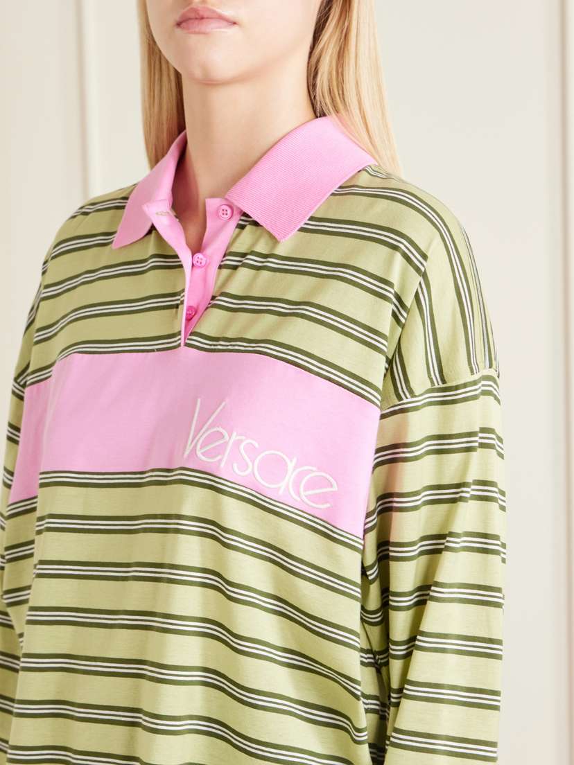 Versace Logo-embroidered Striped Cotton-jersey Polo Shirt | Thumbnail 5 Versace Logo-embroidered Striped Cotton-jersey Polo Shirt | Thumbnail 5