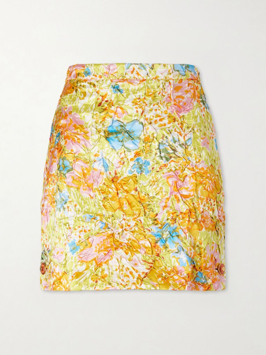 Floral-print crinkled silk-duchesse mini skirt