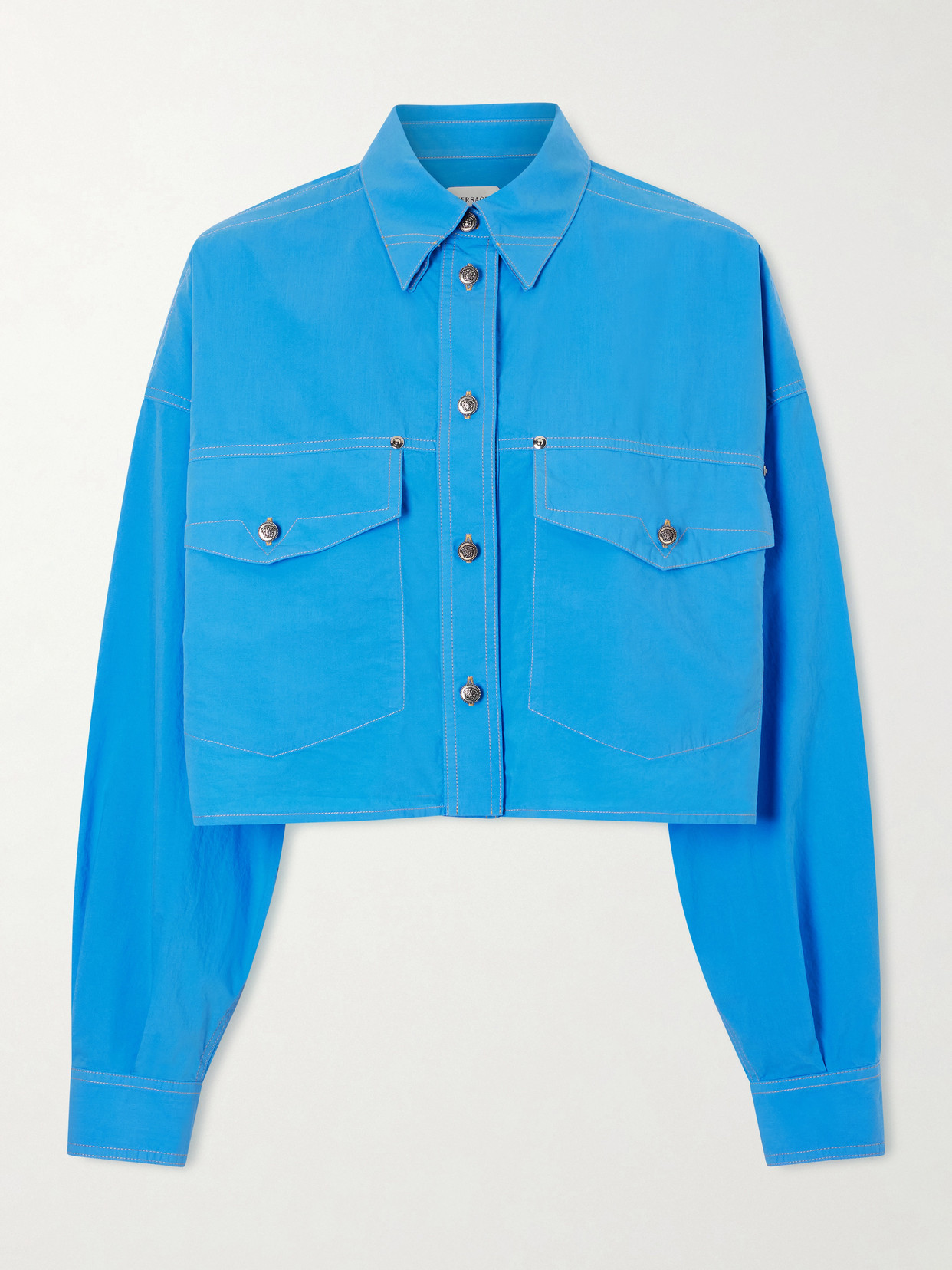 Versace - Medusa-embellished Cropped Cotton-poplin Shirt - Blue