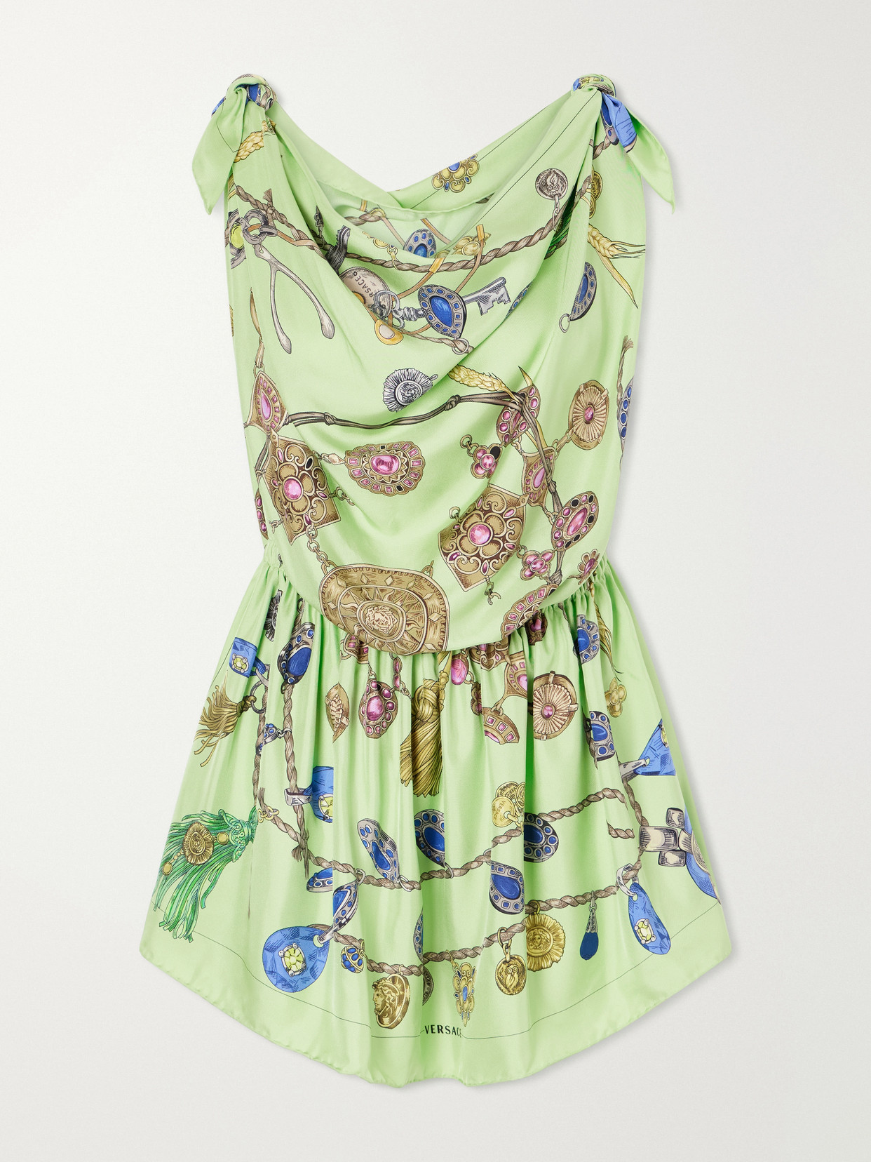 Versace Knotted Draped Printed Silk-twill Mini Dress In Multi