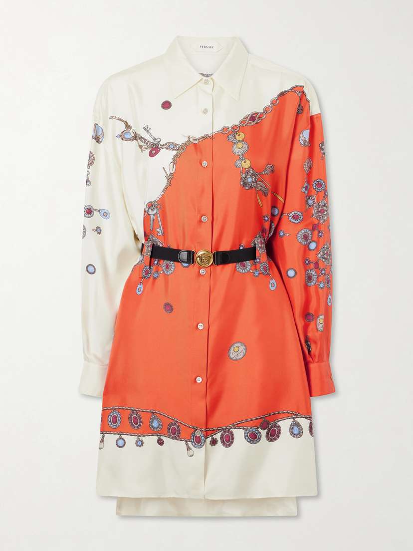 Versace Stolen Jewels Medusa-embellished Belted Printed Silk-twill Mini Dress