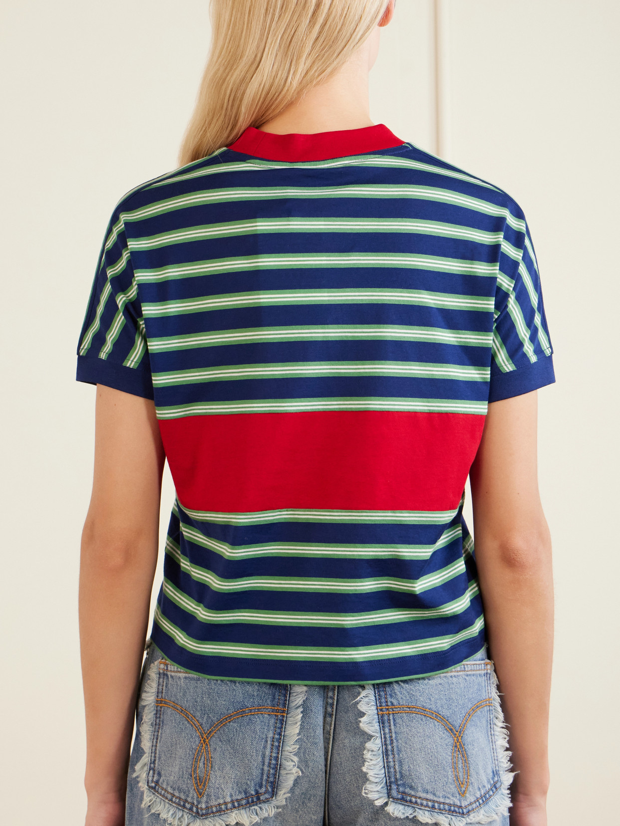 Versace Logo-embroidered Striped Cotton-jersey T-shirt In Black