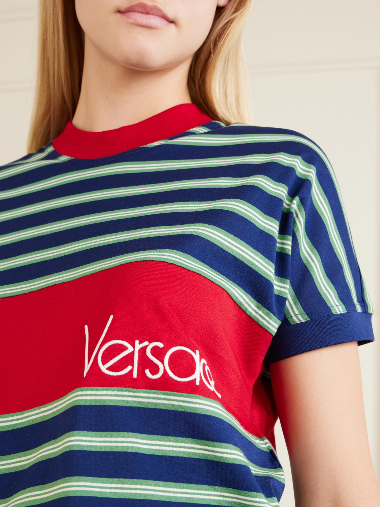 Versace Logo-embroidered Striped Cotton-jersey T-shirt In Black
