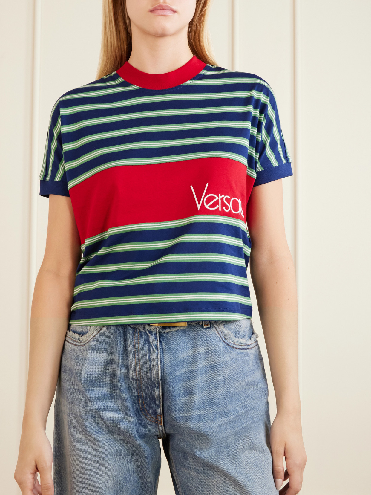 Versace Logo-embroidered Striped Cotton-jersey T-shirt In Black