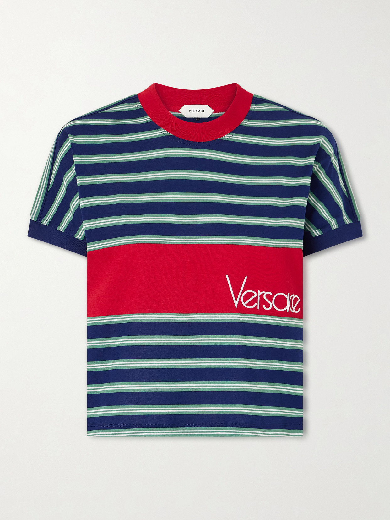Versace Logo-embroidered Striped Cotton-jersey T-shirt In Black